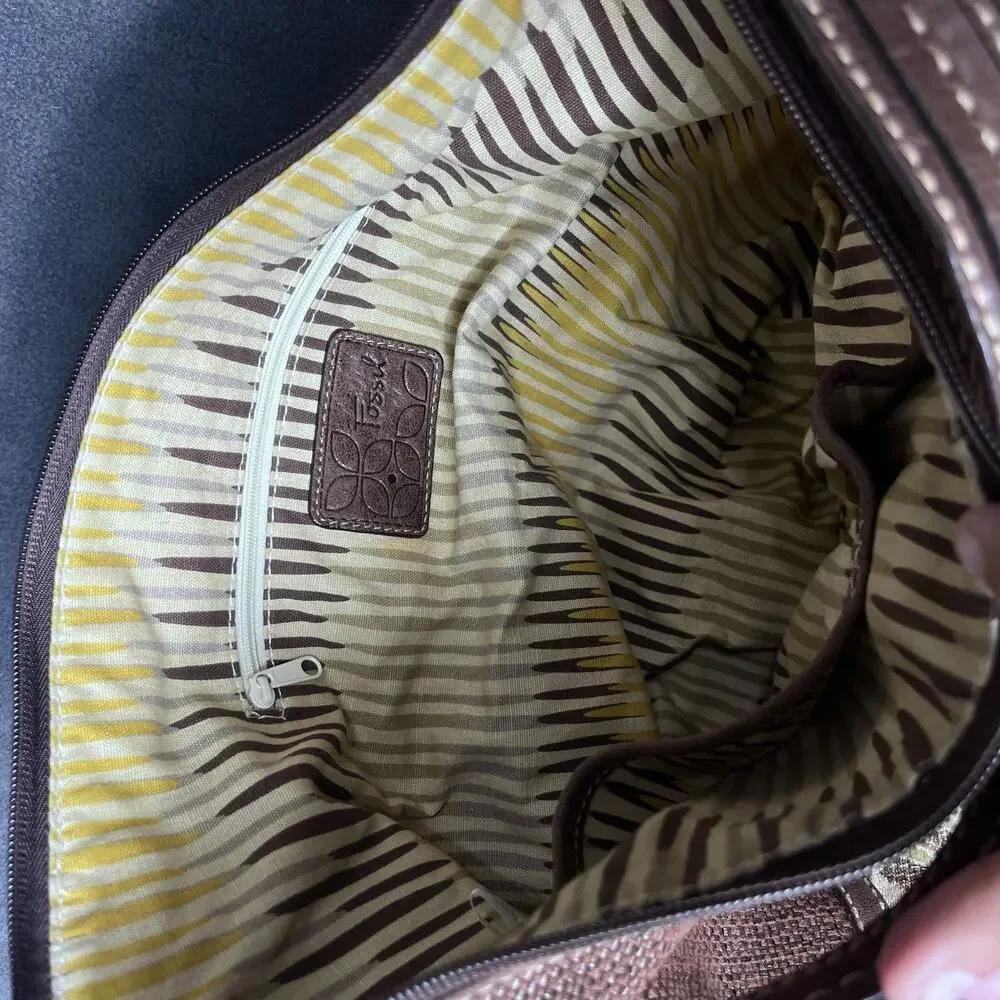 FOSSIL Woven Brown Textile / Leather Curved Hobo Shoulder Bag